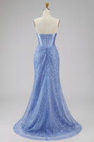 Laden Sie das Bild in den Galerie-Viewer, Satin Meerjungfrauen Blaues Trägerloses Korsett Langes Abschlussballkleid mit Strasssteinen