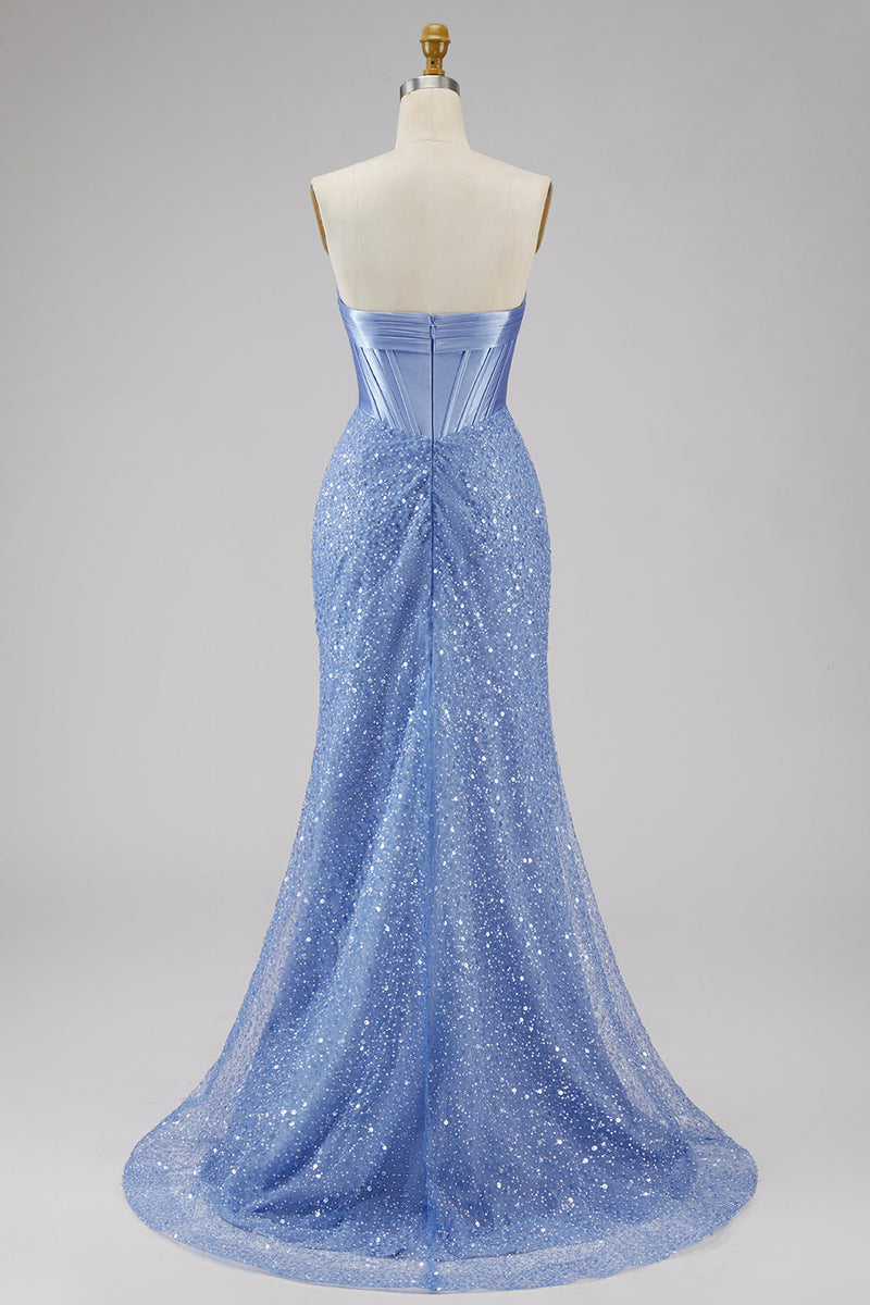 Laden Sie das Bild in den Galerie-Viewer, Satin Meerjungfrauen Blaues Trägerloses Korsett Langes Abschlussballkleid mit Strasssteinen