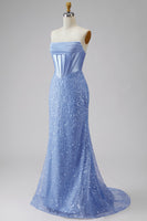 Laden Sie das Bild in den Galerie-Viewer, Satin Meerjungfrauen Blaues Trägerloses Korsett Langes Abschlussballkleid mit Strasssteinen