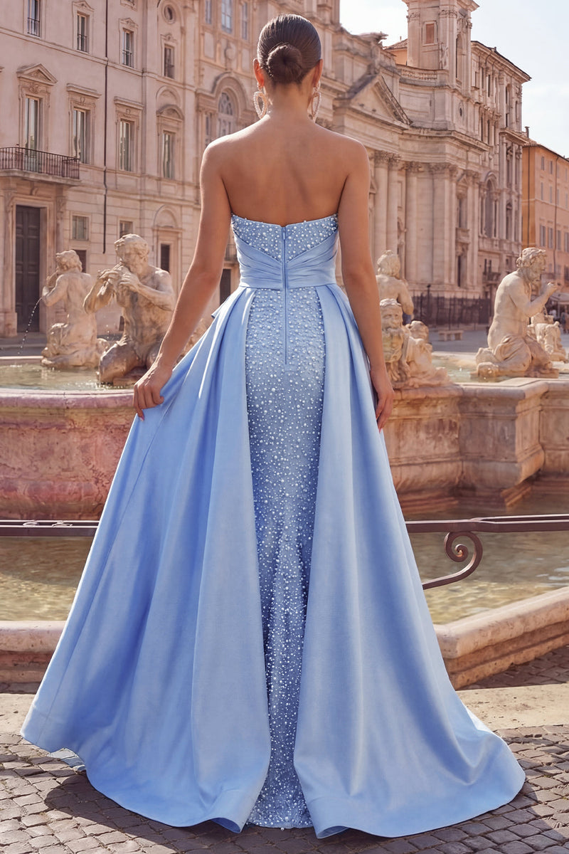 Laden Sie das Bild in den Galerie-Viewer, Blaues Satin-Meerjungfrauen-Sweetheart mit Falten, perlenverziertes langes Abschlussballkleid mit Perlenbestickung