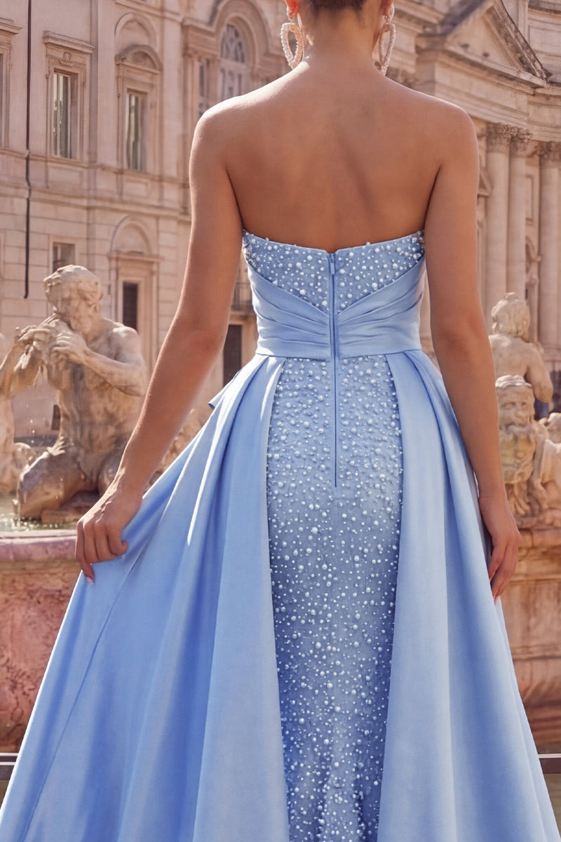 Laden Sie das Bild in den Galerie-Viewer, Blaues Satin-Meerjungfrauen-Sweetheart mit Falten, perlenverziertes langes Abschlussballkleid mit Perlenbestickung