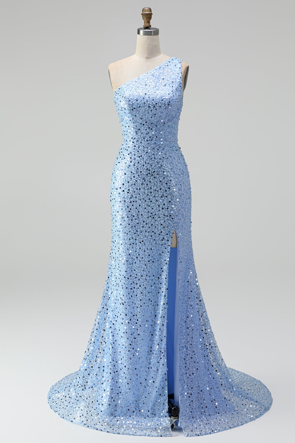 Glitzer Blau One schulter Meerjungfrau Pailletten Langes Abiballkleid mit Schlitz