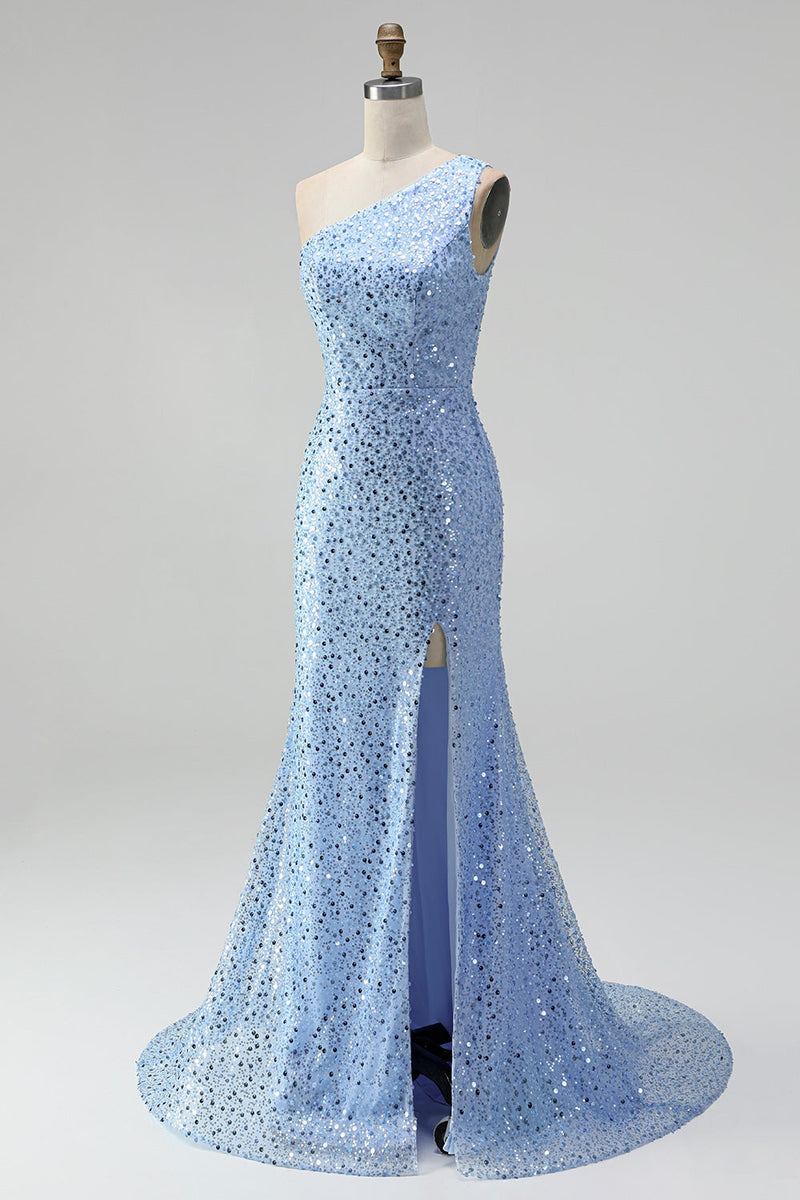 Laden Sie das Bild in den Galerie-Viewer, Glitzer Blau One schulter Meerjungfrau Pailletten Langes Abiballkleid mit Schlitz