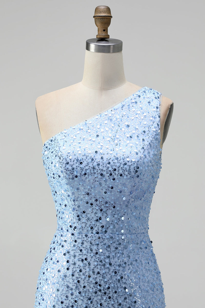 Laden Sie das Bild in den Galerie-Viewer, Glitzer Blau One schulter Meerjungfrau Pailletten Langes Abiballkleid mit Schlitz
