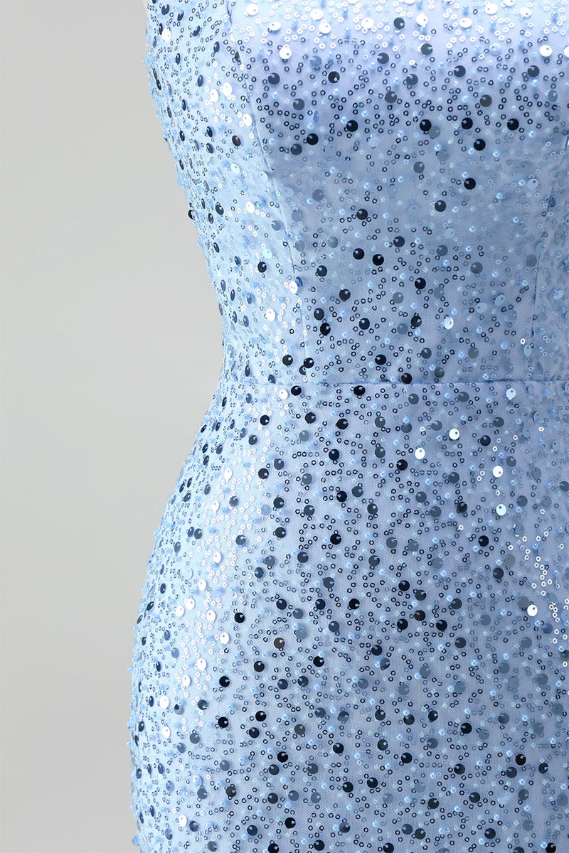 Laden Sie das Bild in den Galerie-Viewer, Glitzer Blau One schulter Meerjungfrau Pailletten Langes Abiballkleid mit Schlitz