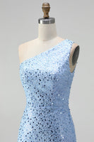 Laden Sie das Bild in den Galerie-Viewer, Glitzer Blau One schulter Meerjungfrau Pailletten Langes Abiballkleid mit Schlitz