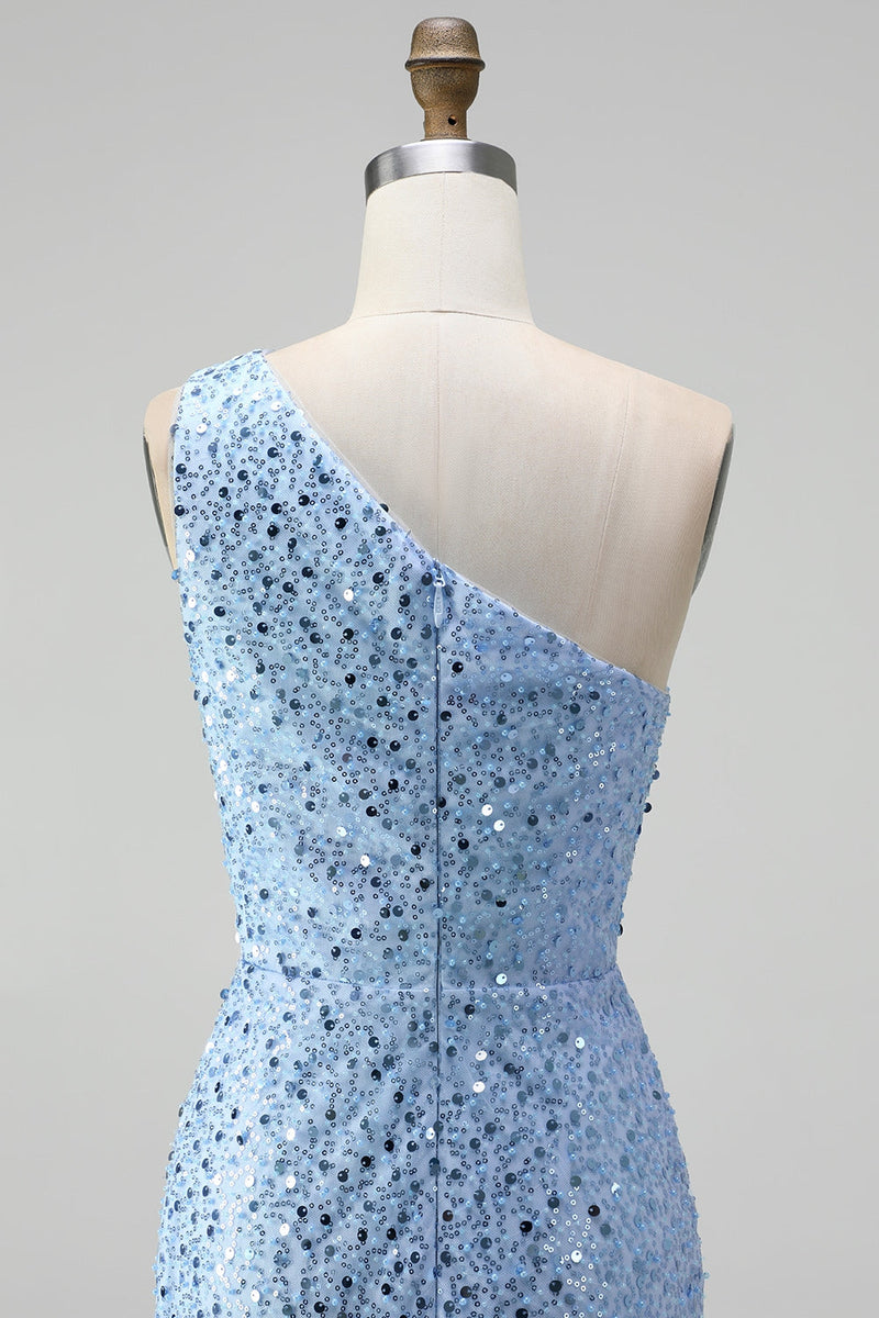 Laden Sie das Bild in den Galerie-Viewer, Glitzer Blau One schulter Meerjungfrau Pailletten Langes Abiballkleid mit Schlitz