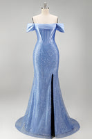 Laden Sie das Bild in den Galerie-Viewer, Meerjungfrauen Blaues Schulterloses Perlenverziertes Korsett Langes Abschlussballkleid mit Schlitz