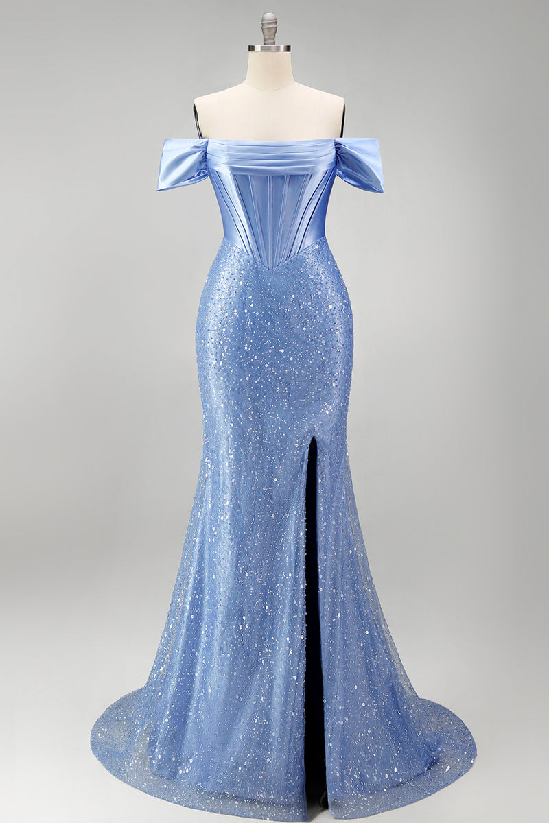 Laden Sie das Bild in den Galerie-Viewer, Meerjungfrauen Blaues Schulterloses Perlenverziertes Korsett Langes Abschlussballkleid mit Schlitz