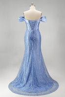 Laden Sie das Bild in den Galerie-Viewer, Meerjungfrauen Blaues Schulterloses Perlenverziertes Korsett Langes Abschlussballkleid mit Schlitz