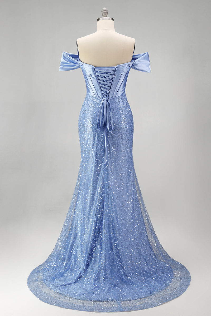 Laden Sie das Bild in den Galerie-Viewer, Meerjungfrauen Blaues Schulterloses Perlenverziertes Korsett Langes Abschlussballkleid mit Schlitz