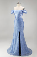 Laden Sie das Bild in den Galerie-Viewer, Meerjungfrauen Blaues Schulterloses Perlenverziertes Korsett Langes Abschlussballkleid mit Schlitz