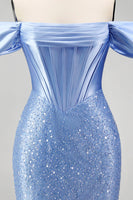 Laden Sie das Bild in den Galerie-Viewer, Meerjungfrauen Blaues Schulterloses Perlenverziertes Korsett Langes Abschlussballkleid mit Schlitz