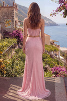 Laden Sie das Bild in den Galerie-Viewer, Pinkes Meerjungfrauen-Perlenträgerloses zweiteiliges Korsett, langes Abschlussballkleid mit Schlitz