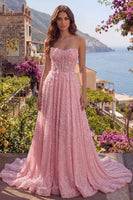 Laden Sie das Bild in den Galerie-Viewer, A-Line Pink-Perlenträgerloses, mit Pailletten appliziertes Korsett-langes Abschlussballkleid mit 3D-Blumen