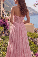 Laden Sie das Bild in den Galerie-Viewer, A-Line Pink-Perlenträgerloses, mit Pailletten appliziertes Korsett-langes Abschlussballkleid mit 3D-Blumen
