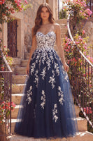 Laden Sie das Bild in den Galerie-Viewer, Marineblaues A-Line Sweetheart Floral-Tüll-Langballkleid