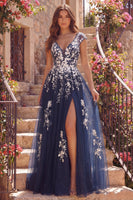 Laden Sie das Bild in den Galerie-Viewer, Tüllblaues A-Line-V-Hals-Langballkleid mit langer Abschlussball und Schlitz
