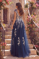 Laden Sie das Bild in den Galerie-Viewer, Tüllblaues A-Line-V-Hals-Langballkleid mit langer Abschlussball und Schlitz