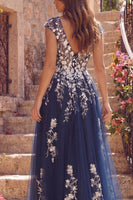 Laden Sie das Bild in den Galerie-Viewer, Tüllblaues A-Line-V-Hals-Langballkleid mit langer Abschlussball und Schlitz