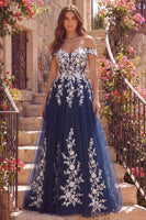 Laden Sie das Bild in den Galerie-Viewer, Marineblaues A-Line-Tüll-Floral-Langballkleid ohne Schulter