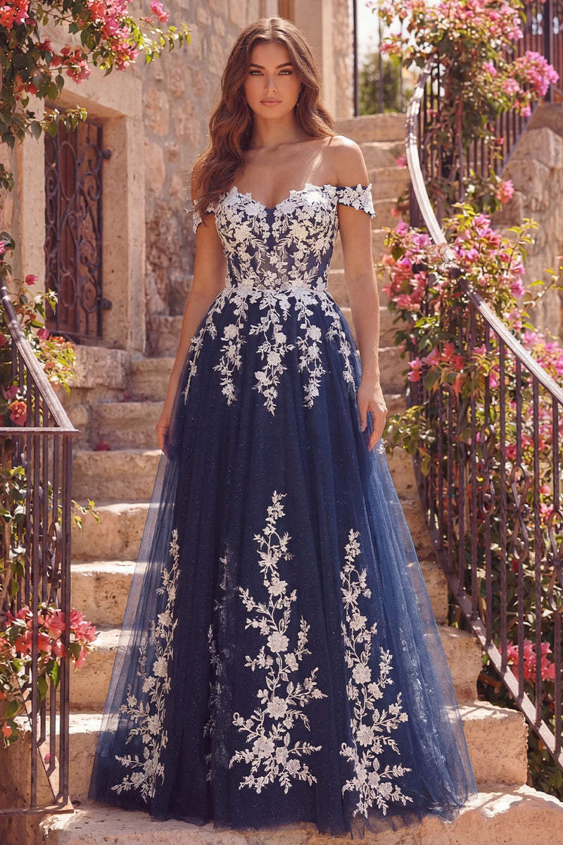 Laden Sie das Bild in den Galerie-Viewer, Marineblaues A-Line-Tüll-Floral-Langballkleid ohne Schulter