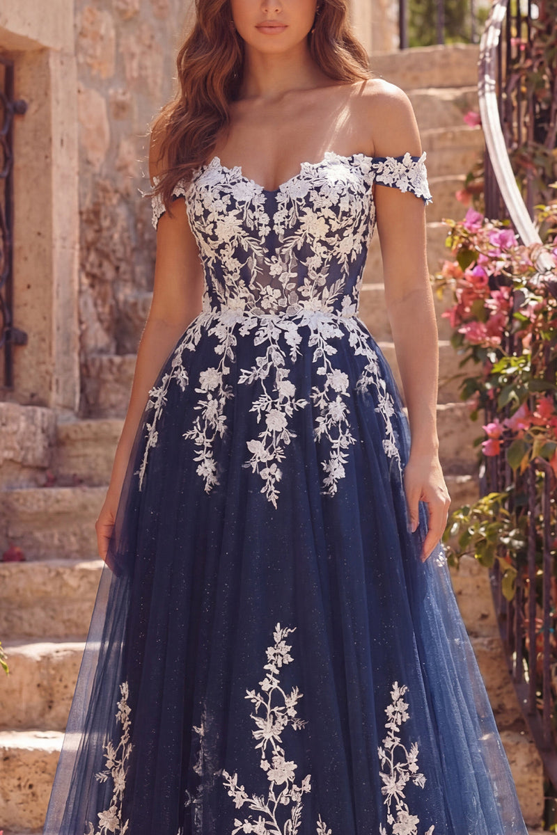 Laden Sie das Bild in den Galerie-Viewer, Marineblaues A-Line-Tüll-Floral-Langballkleid ohne Schulter