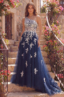 Laden Sie das Bild in den Galerie-Viewer, Einschulter-A-Linie Tüll-Korsett, marineblaues, florales Langballkleid mit Appliquen