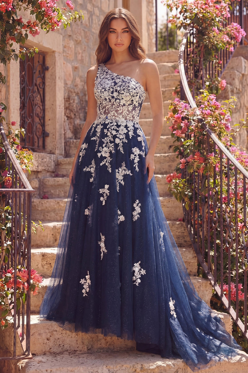 Laden Sie das Bild in den Galerie-Viewer, Einschulter-A-Linie Tüll-Korsett, marineblaues, florales Langballkleid mit Appliquen