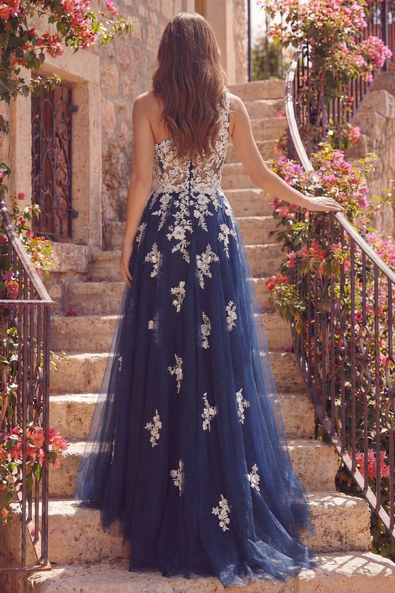 Laden Sie das Bild in den Galerie-Viewer, Einschulter-A-Linie Tüll-Korsett, marineblaues, florales Langballkleid mit Appliquen