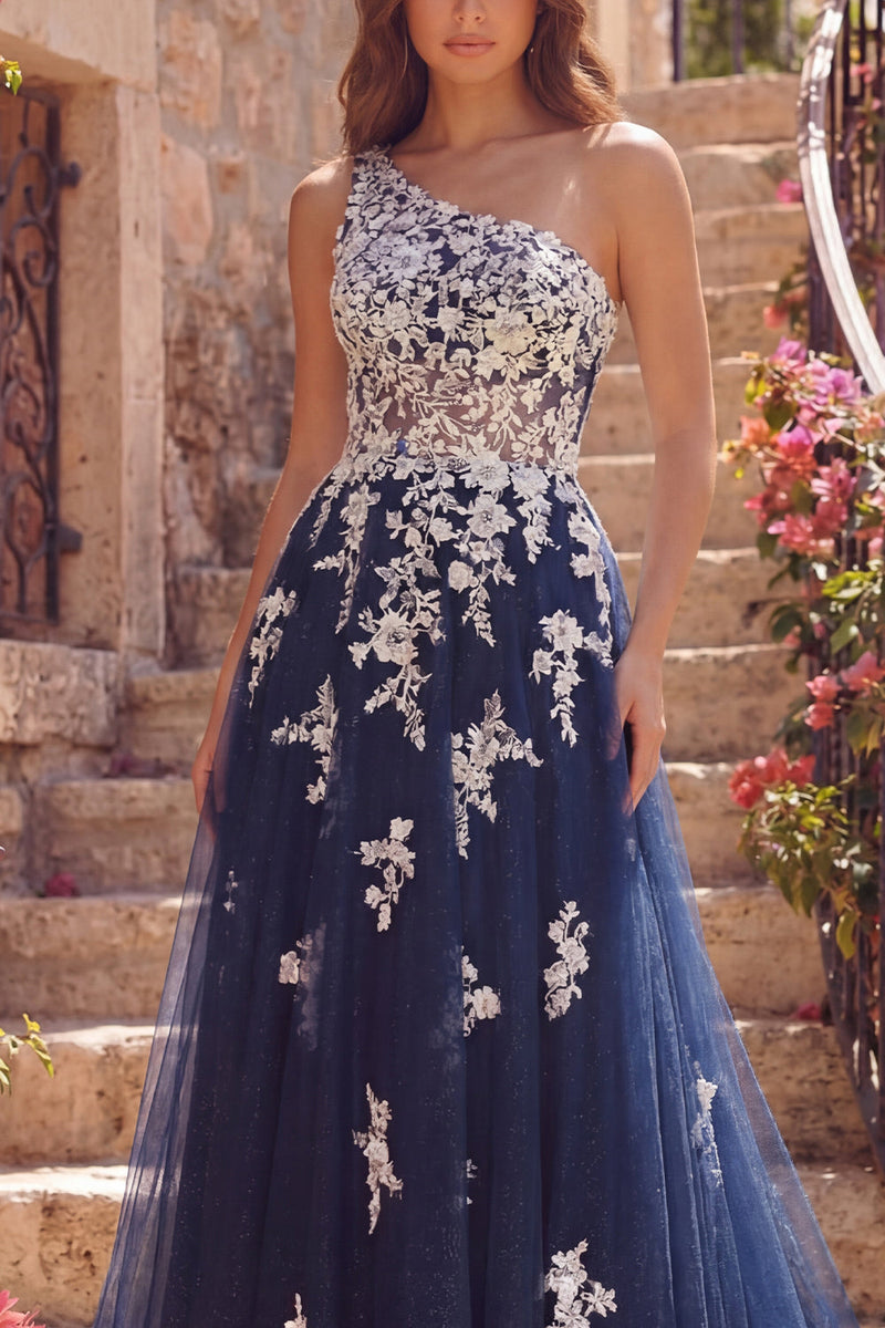 Laden Sie das Bild in den Galerie-Viewer, Einschulter-A-Linie Tüll-Korsett, marineblaues, florales Langballkleid mit Appliquen
