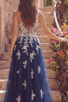 Laden Sie das Bild in den Galerie-Viewer, Einschulter-A-Linie Tüll-Korsett, marineblaues, florales Langballkleid mit Appliquen
