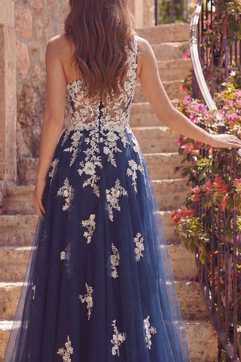 Laden Sie das Bild in den Galerie-Viewer, Einschulter-A-Linie Tüll-Korsett, marineblaues, florales Langballkleid mit Appliquen