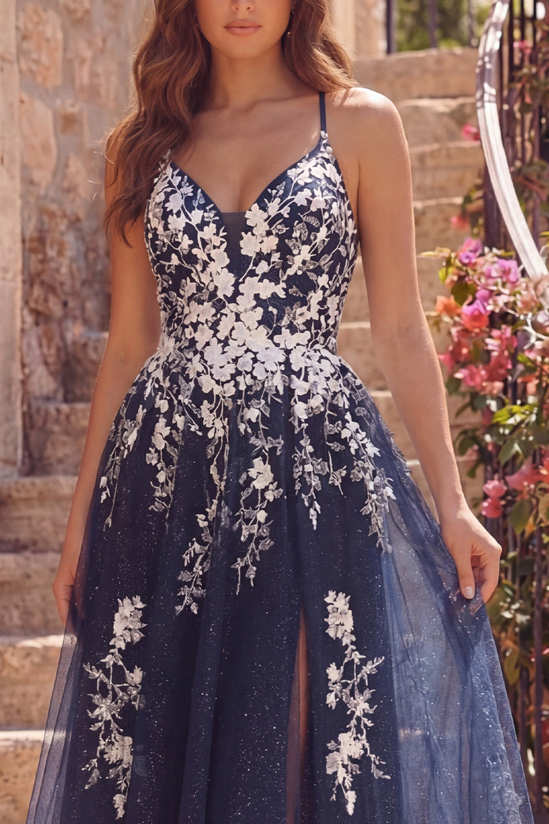 Laden Sie das Bild in den Galerie-Viewer, Navy A-Line Spaghetti-Träger Blumen-Midi-Kleid mit Schlitz