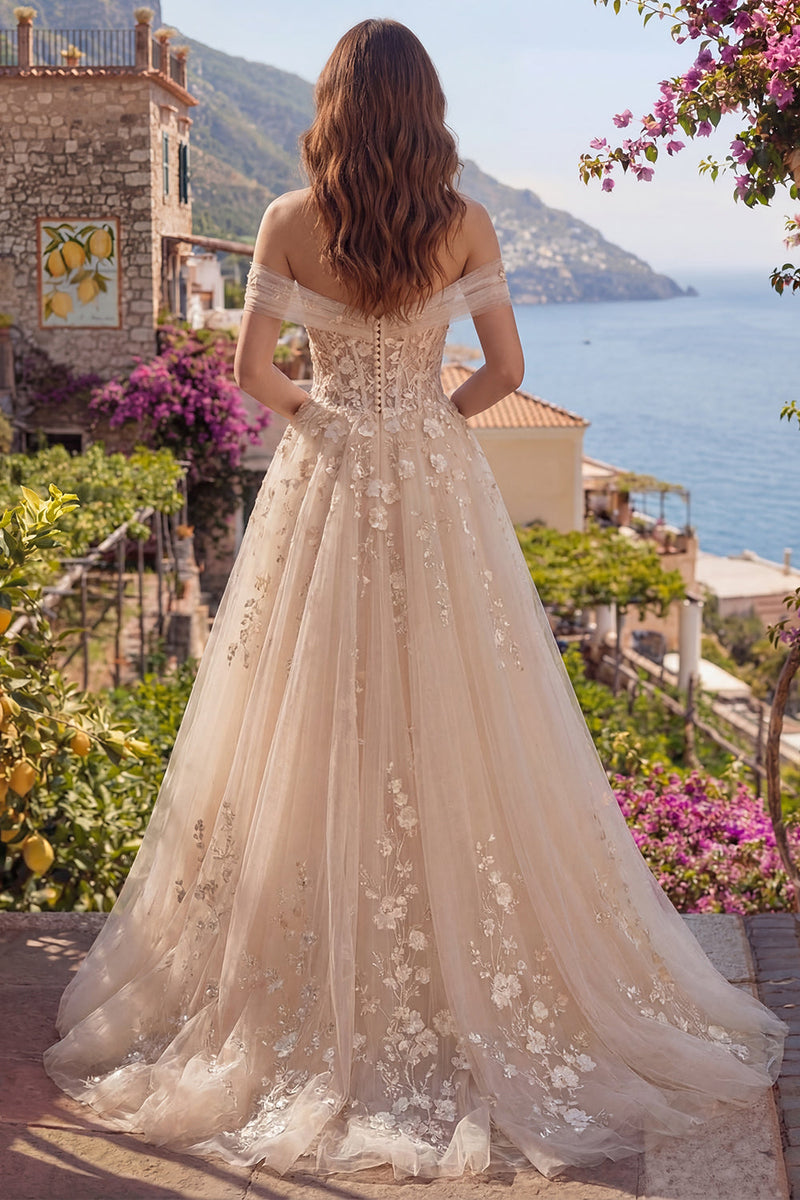 Laden Sie das Bild in den Galerie-Viewer, Champagner A-Linie Schulterfreies Korsett Langes Abschlussballkleid mit Applikationen