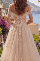 Laden Sie das Bild in den Galerie-Viewer, Champagner A-Linie Schulterfreies Korsett Langes Abschlussballkleid mit Applikationen