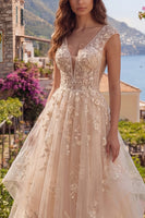 Laden Sie das Bild in den Galerie-Viewer, Champagne A-Line, rückenloses Rüschen-Langkleid mit Applikationen