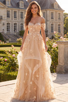 Laden Sie das Bild in den Galerie-Viewer, Champagner A-Linie Off-the-shoulder Florales Korsett Langes Abschlussballkleid mit Rüschen