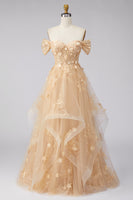 Laden Sie das Bild in den Galerie-Viewer, Champagner A-Linie Off-the-shoulder Florales Korsett Langes Abschlussballkleid mit Rüschen