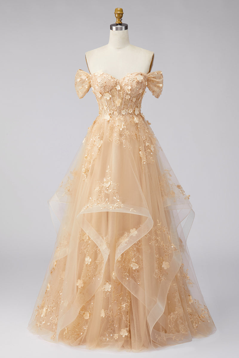 Laden Sie das Bild in den Galerie-Viewer, Champagner A-Linie Off-the-shoulder Florales Korsett Langes Abschlussballkleid mit Rüschen