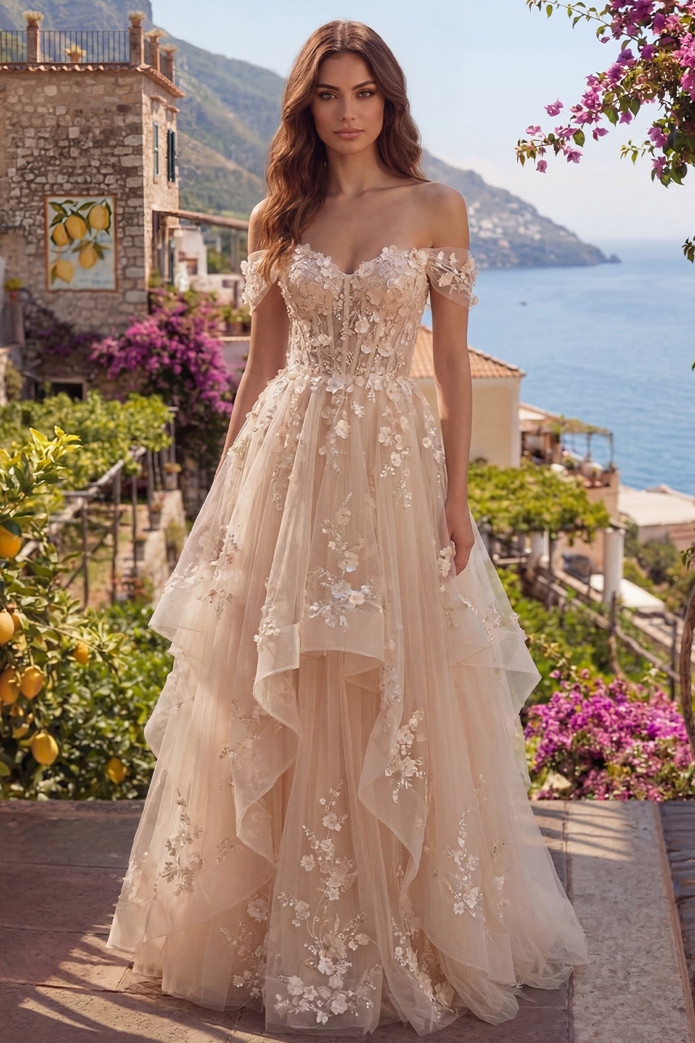 Champagner-A-Linie Off-the-shoulder florales Korsett, langes Abschlussballkleid mit Rüschen