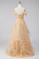 Laden Sie das Bild in den Galerie-Viewer, Champagner A-Linie Off-the-shoulder Florales Korsett Langes Abschlussballkleid mit Rüschen