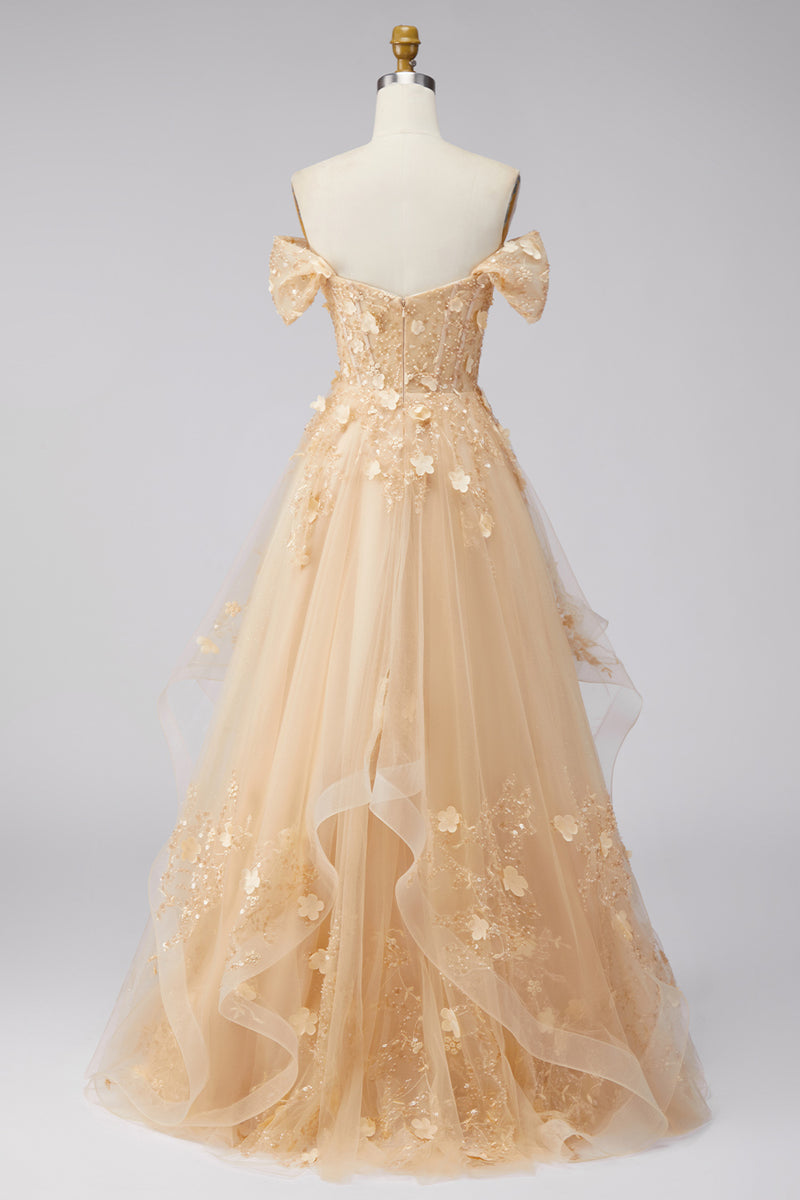 Laden Sie das Bild in den Galerie-Viewer, Champagner A-Linie Off-the-shoulder Florales Korsett Langes Abschlussballkleid mit Rüschen