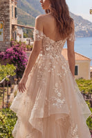 Laden Sie das Bild in den Galerie-Viewer, Champagner-A-Linie Off-the-shoulder florales Korsett, langes Abschlussballkleid mit Rüschen