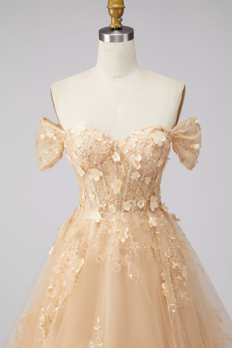 Laden Sie das Bild in den Galerie-Viewer, Champagner A-Linie Off-the-shoulder Florales Korsett Langes Abschlussballkleid mit Rüschen