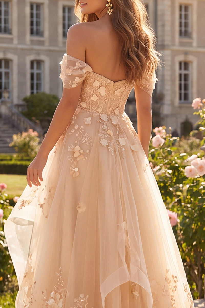 Laden Sie das Bild in den Galerie-Viewer, Champagner A-Linie Off-the-shoulder Florales Korsett Langes Abschlussballkleid mit Rüschen