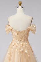 Laden Sie das Bild in den Galerie-Viewer, Champagner A-Linie Off-the-shoulder Florales Korsett Langes Abschlussballkleid mit Rüschen