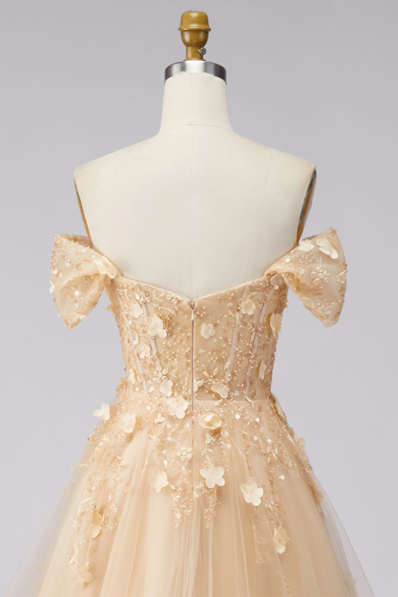 Laden Sie das Bild in den Galerie-Viewer, Champagner A-Linie Off-the-shoulder Florales Korsett Langes Abschlussballkleid mit Rüschen