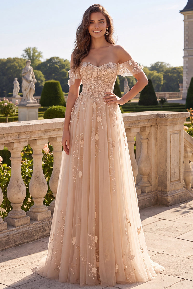 Laden Sie das Bild in den Galerie-Viewer, A-Linie Tüll Champagner Off-the-shoulder Korsett Langes Abschlussballkleid mit Applikationen