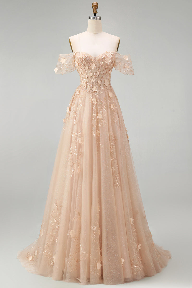 Laden Sie das Bild in den Galerie-Viewer, A-Linie Tüll Champagner Off-the-shoulder Korsett Langes Abschlussballkleid mit Applikationen